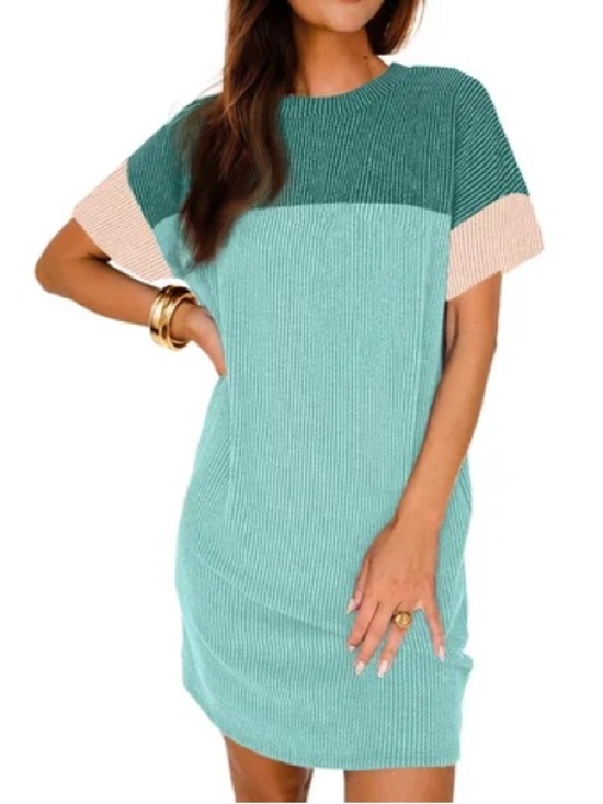 Tops - Casual Colorblock Ribbed Knit Tee Dress in Mint and Teal NEW w Tags